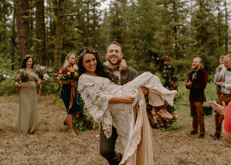 McCall Idaho Boho Wedding First kiss as husband and wife