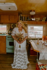 Bride wears all lace vintage wedding dress on her elopement day in New Mexico