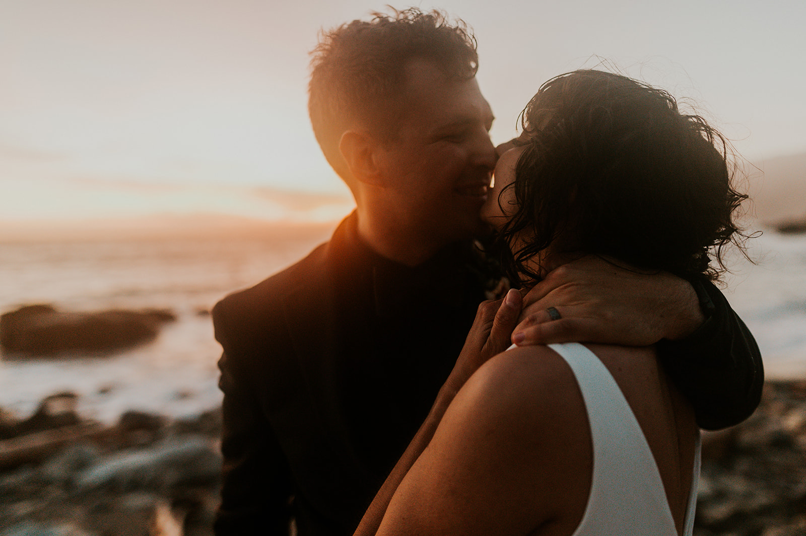 Portrait of Bride and Groom at sunset on their elopement day in Big Sur