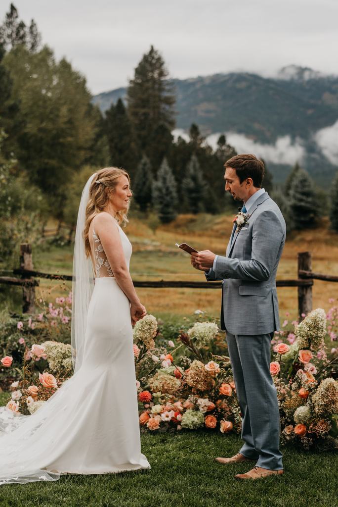 Happy bride and groom share their vows at the Sixty Chapel in Garden Valley Idaho