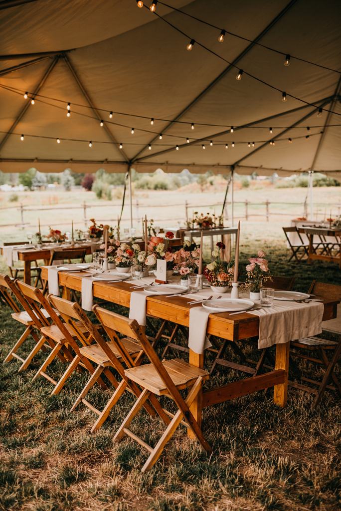 Elegant Farm Tables with Modern Minimal details for wedding reception at the Sixty Chapel in Garden Valley Idaho