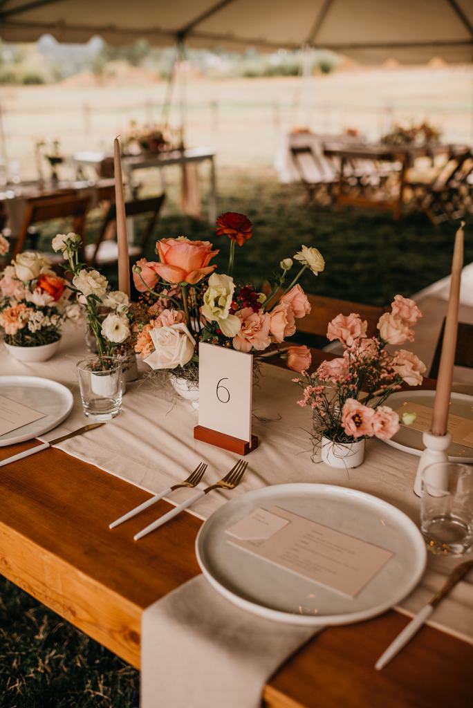 Modern and Minimal wedding table-setting outdoors at the Sixty Chapel in Garden Valley Idaho