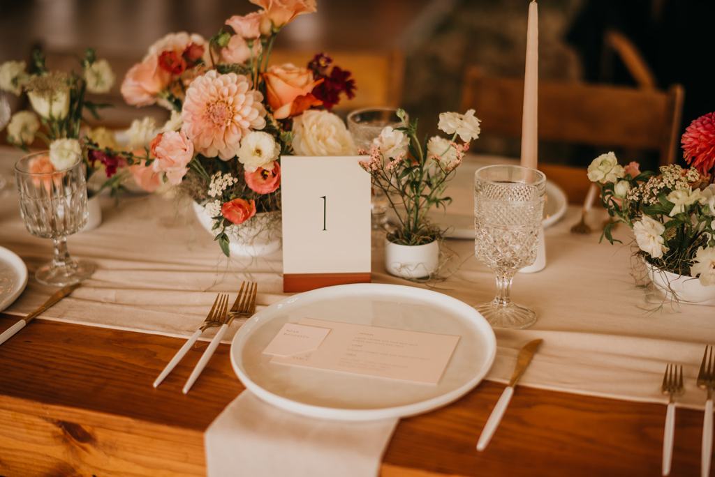 Modern and Minimal wedding table-setting outdoors at the Sixty Chapel in Garden Valley Idaho