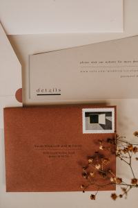 Modern and Elegant wedding invitations with fall accent colors by Joni Smallhands in Boise Idaho