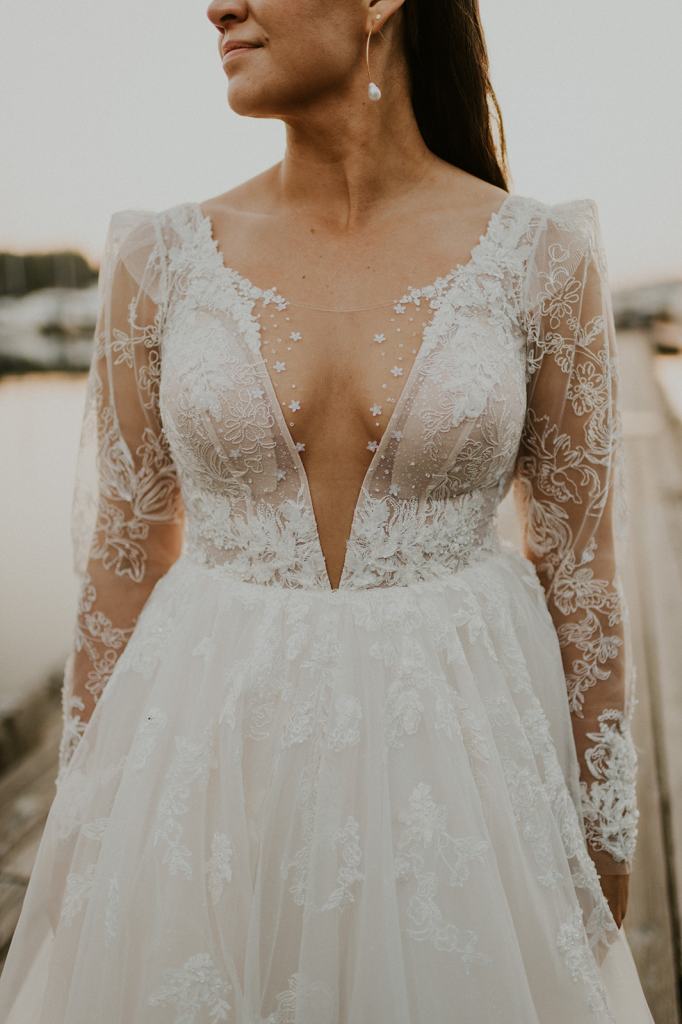 Long Sleeve Wedding Dress with lace sleeves and deep V cut neckline