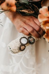 Sweet Lockets on Bridal wedding bouquet to honor bride's late father