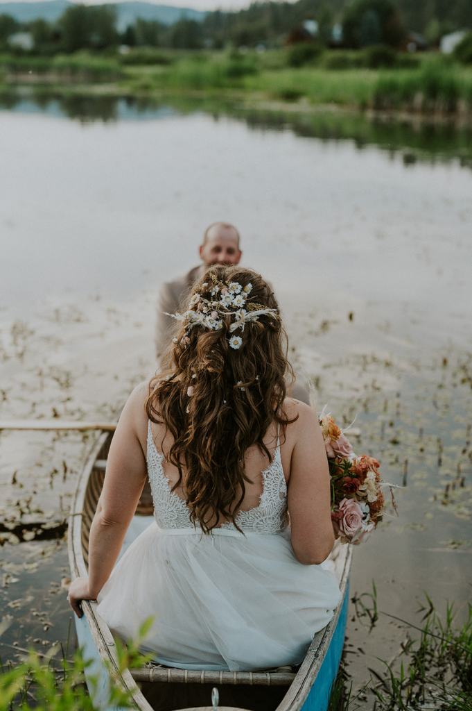 Canoe Summer Bridal Photos Bride and Groom Boho Couple in the Mountains