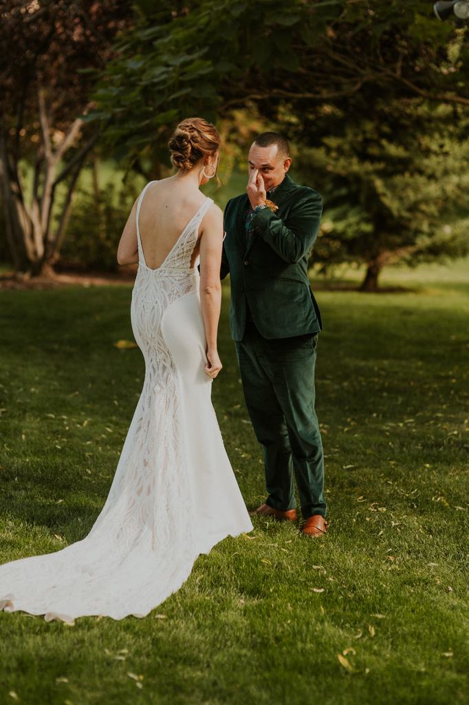 Emotional First Look between bride and groom