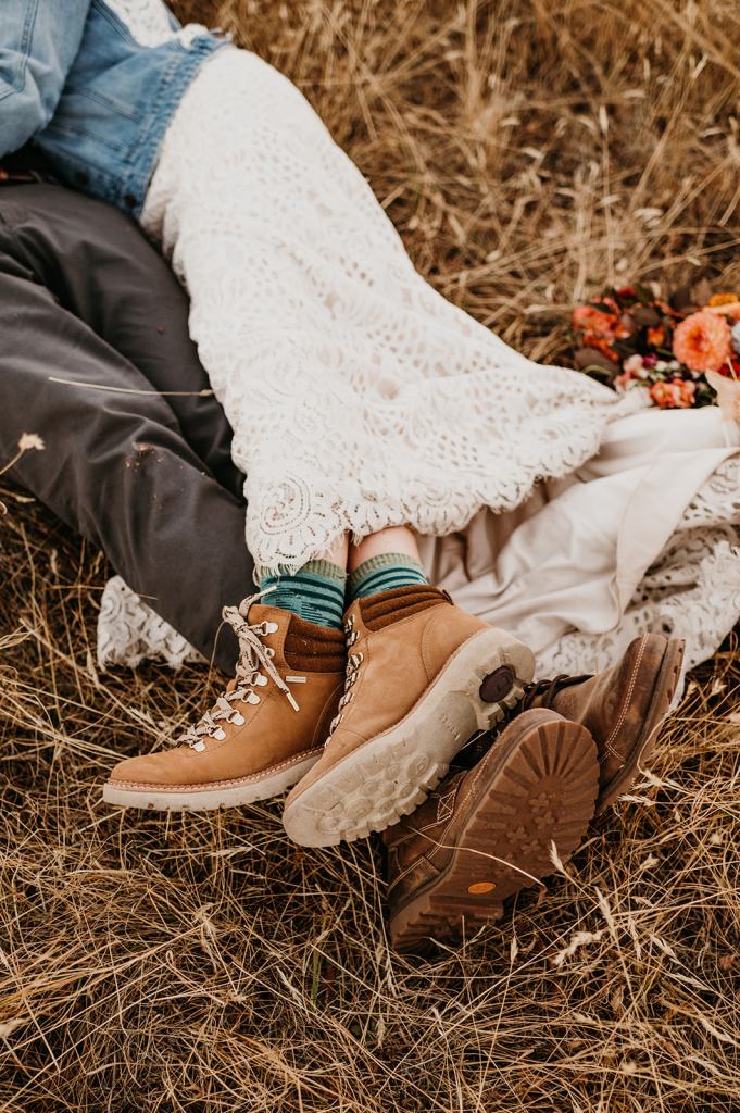 Bride and Groom wore Hiking Boots on their Adventure Elopement in the Mountains