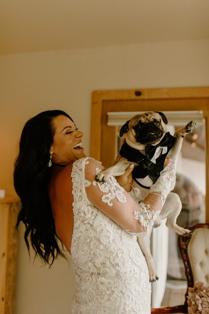 Bride Getting Ready Photos inside Cabin with her Dog