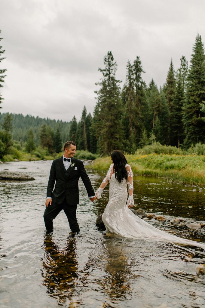 Bride and Groom Portraits in a River